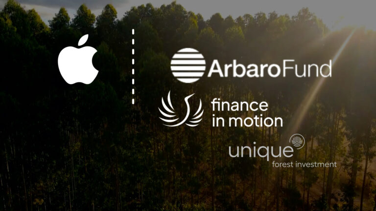 Apple and Arbaro Fund logos over a wooded landscape in an editorial graphic