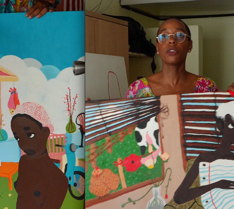 Angie showing a painting during her studio interview